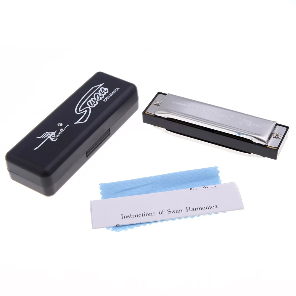 

Swan Diatonic Harmonica 10 Holes G Key Blues Harp Mouth Organ Reed Instrument with Case Silver