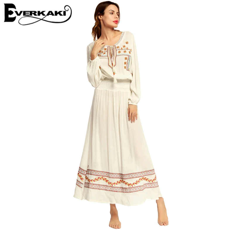 Everkaki Women Boho Dress Long Sleeve Floral Embroidery Dress Cotton A-Line Maxi Dresses O Neck High Waist Vestidos overalls long-floral-maxi