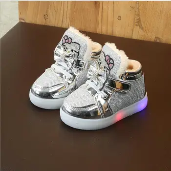 

New KT Cat LED lights Kids Glowing sneakers Casual Shoes Winter Bow Fashion Children's Sports Shoes Fur Warm Baby Girls Shoes