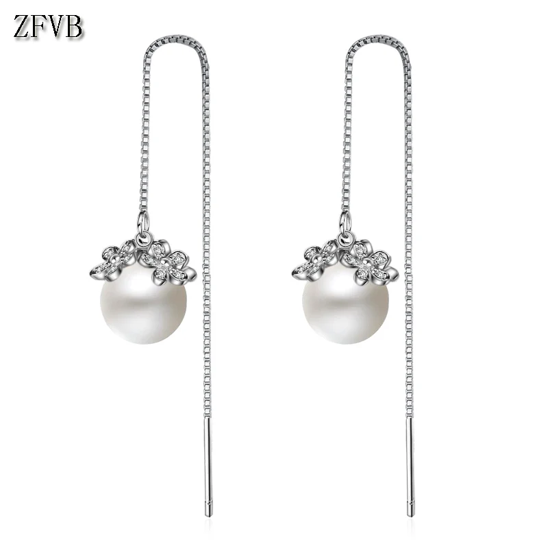 

ZFVB 925 Sterling Silver Crystal Simulated pearl Women Earrings Wedding Long Drop Dangle Flower Tassel Earring Jewelry