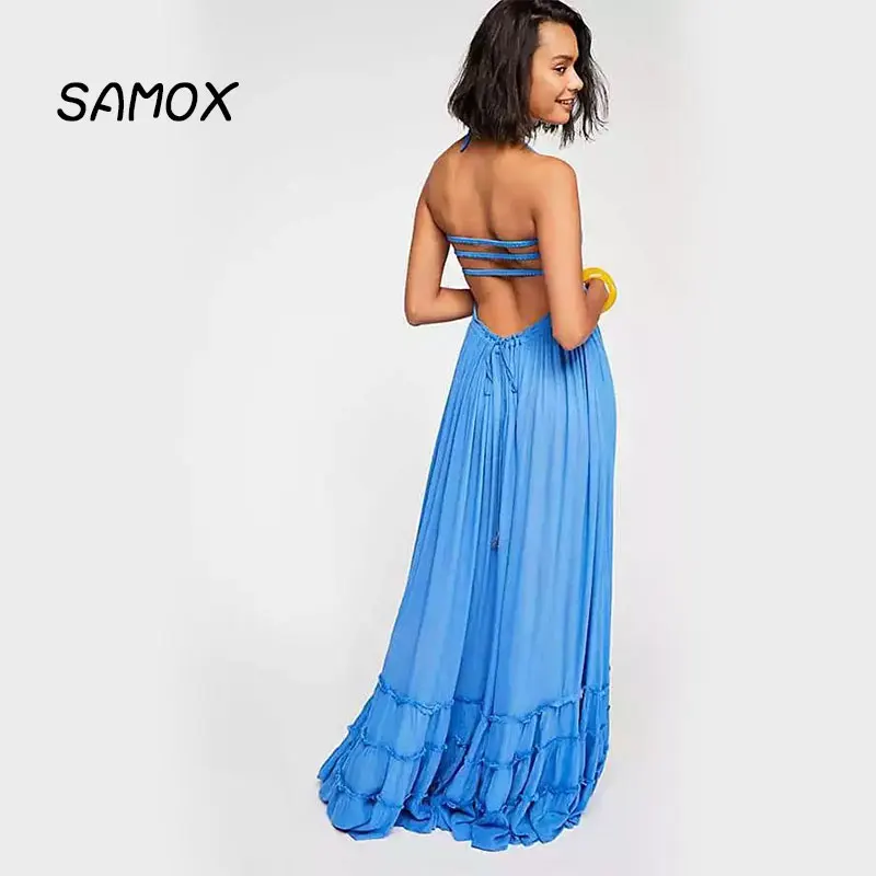 JSMY 2019 New Summer Long Dress Fashion Women Bohemian Style Backless Sexy Big Swing Dress