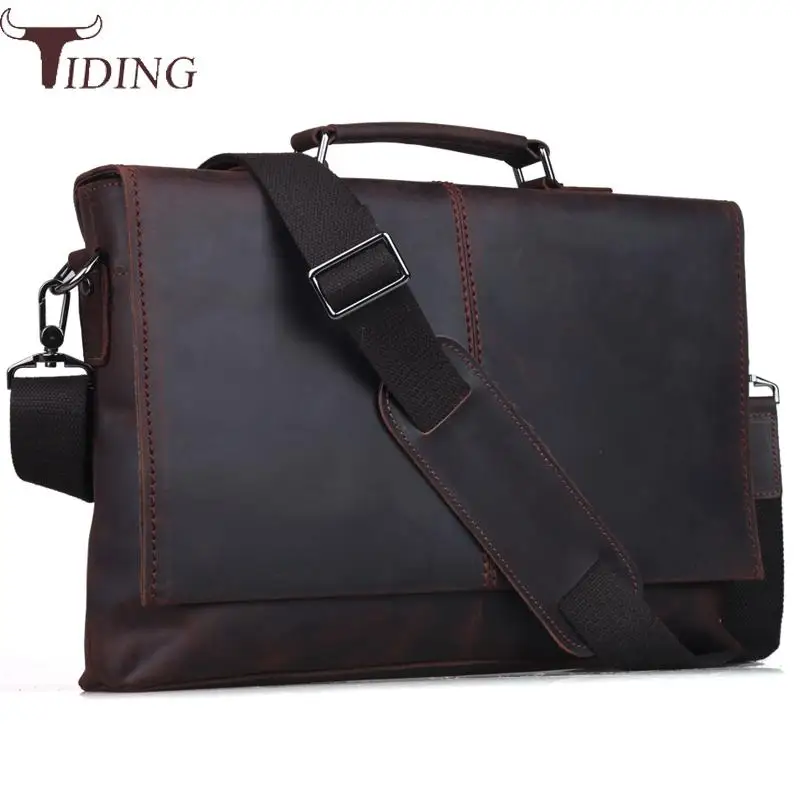 Tiding Genuine Leather Designer Messenger Bags Flap Briefcase For 13