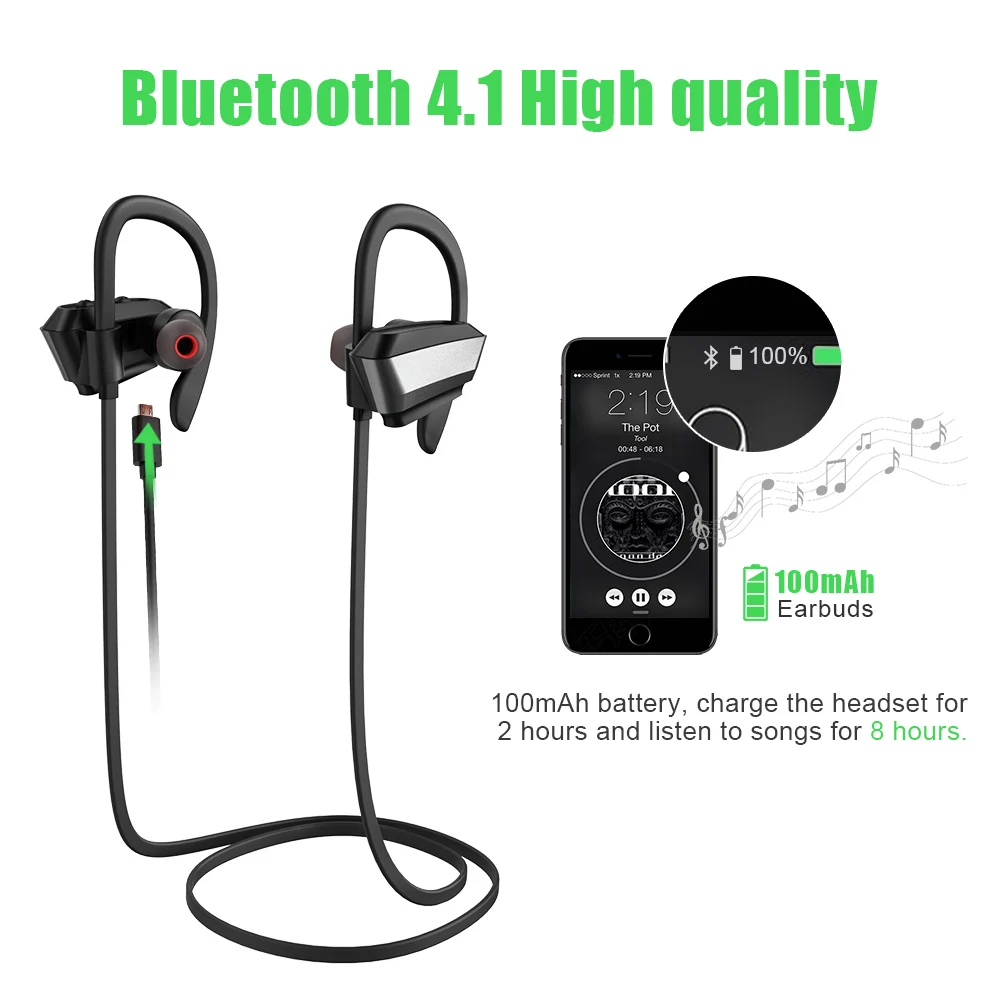 

Bluetooth Headphone 4.1 Headset Stereo Music Bluetooth Earphone Ear Hook Waterproof Sport Wireless Headphone for Running Fitness