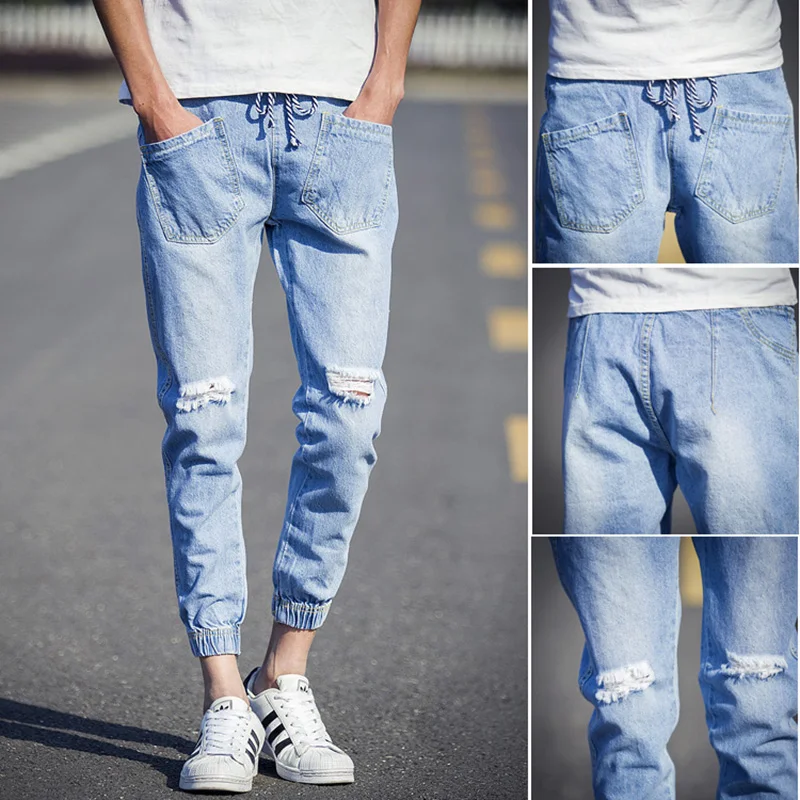 2016 Men Jeans Pant Blue Knee Hole Front Pockets Denim Ankle Length