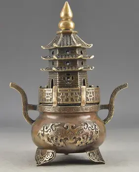 

59SHUN Brass Buddha Exorcism Handwork Old Hammered Pagoda Totem Incense Burner