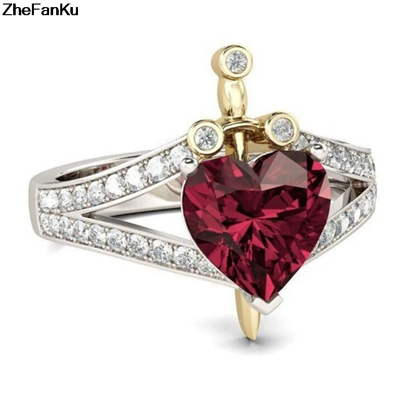 Ювелирные изделия в стиле короны, винтажные кольца в форме сердца с красным камнем для женщин, вечерние ювелирные изделия, кольцо, бижутерия, модные аксессуары