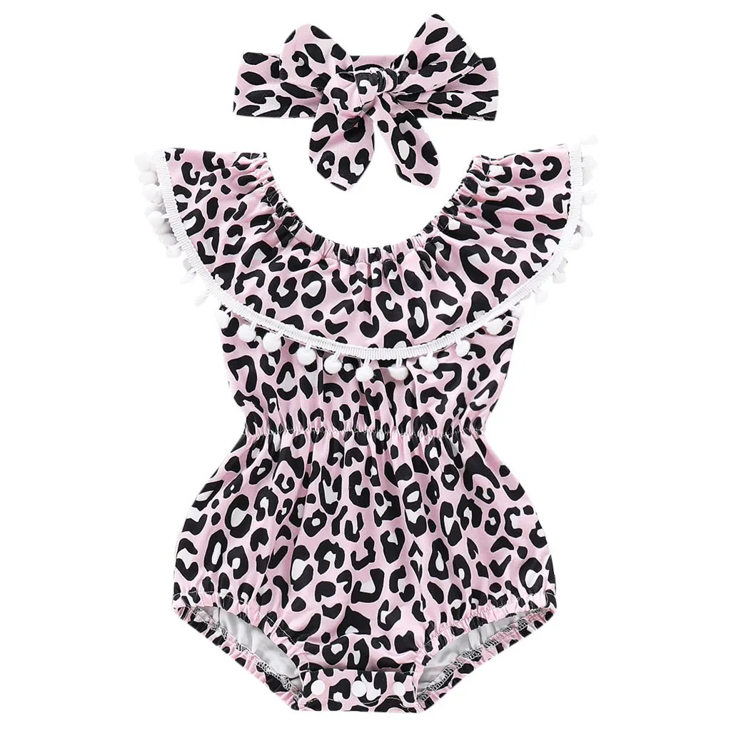 ARLONEET/купальный костюм для детей, Детский комбинезон с принтом леопарда+ повязка на голову, пляжный купальный костюм для девочек, летний красивый комплект с кисточками и оборками - Цвет: Pink
