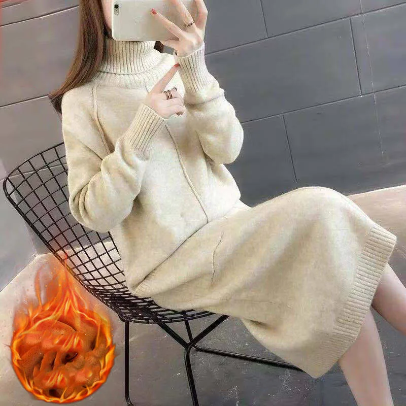 

2019 New Autumn Winter Women Elegant Loose Turtleneck Plus Velvet Knitted Pullovers Dress Female Thicken Knit Dresses Jumper X40