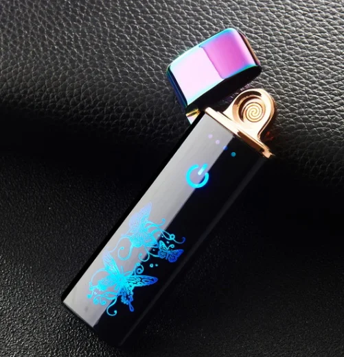 USB Зажигалка для сигарет для курения Электронная Turbo Tugsten изогнутая полноэкранная перезаряжаемая WilndProof гравировка имени - Цвет: purple buttery
