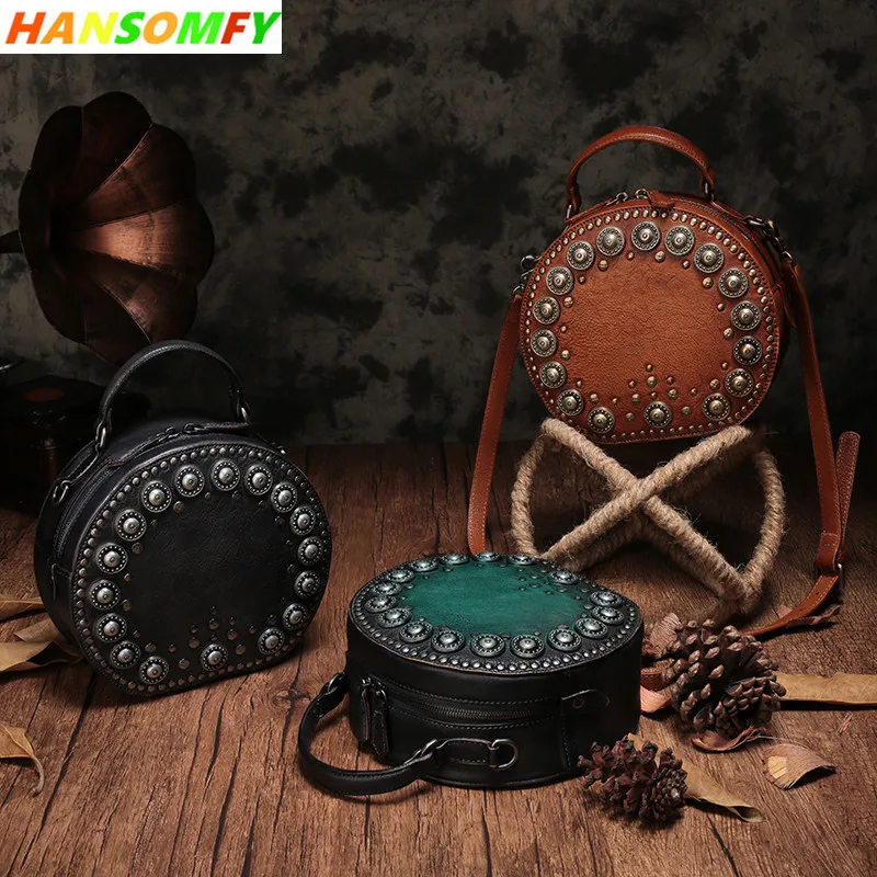 

BJYL New Women Handbags retro rivet round shoulder Bag female Genuine Leather Messenger Luxury fashion diagonal crossbody Bag