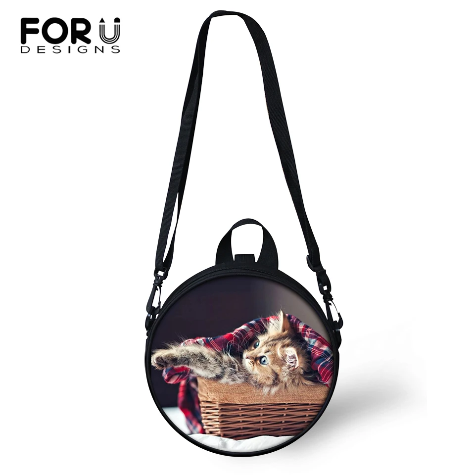 

FORUDESIGNS Kawaii Stripes Cat Print Pattern Kindergarden Baby Shoulder Bags Women Round Shape Messenger Bag Girls Circular Bags