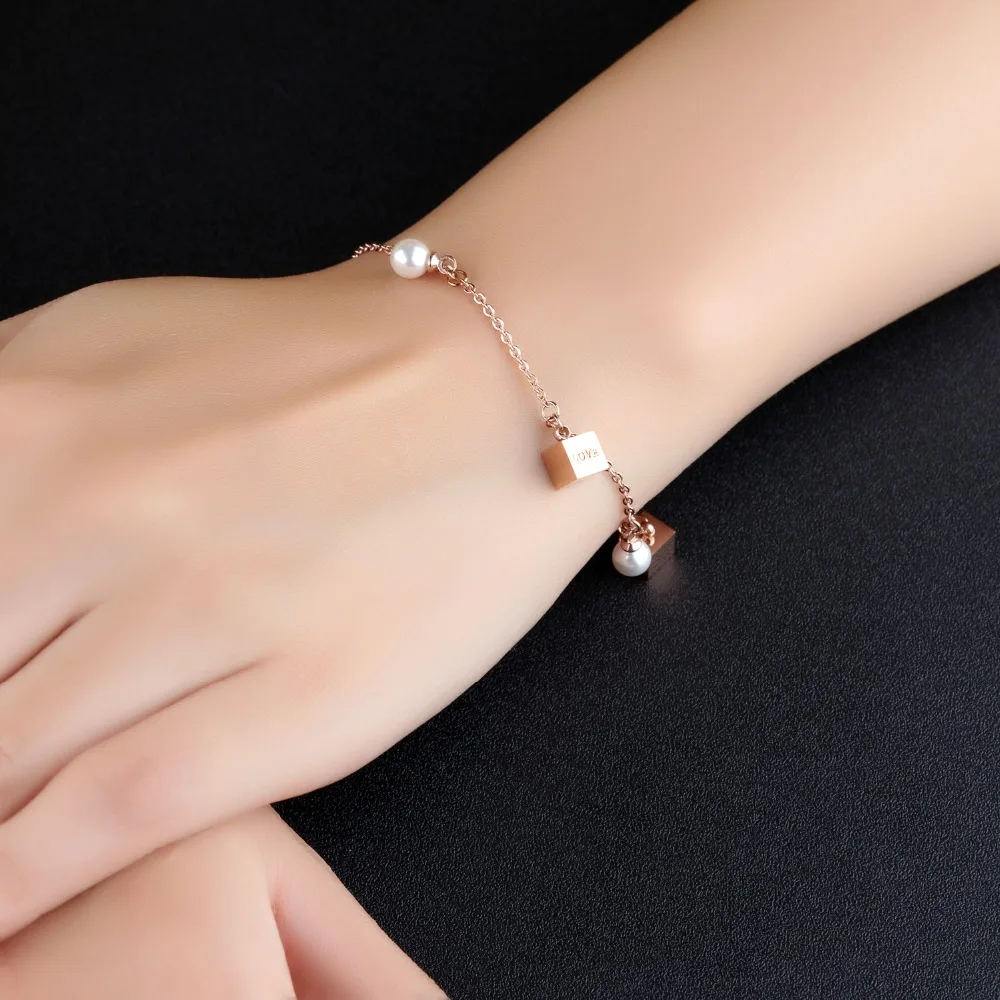FATE LOVE Brand Women Statement Simulated Pearl Bracelets & Bangles Chain Link stainless steel Luxury Fashion Jewelry