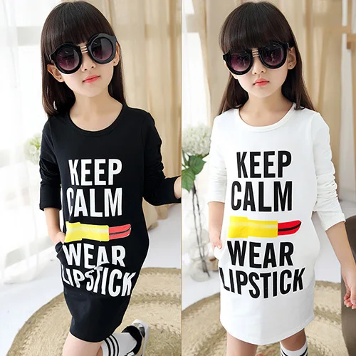 

Girls Long T-shirts Dresses 2017 New Spring Autumn Kids Girls Long Sleeve T-shirt Top Girls Hoodies White Black Kids Clothes