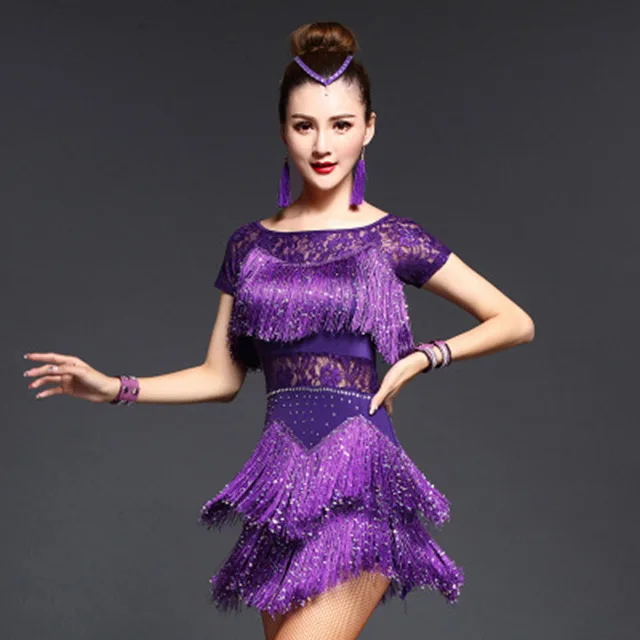 Новинка, костюм для латинских танцев, спандекс, бахрома, 5 цветов, платье для латинских танцев для женщин, длинный короткий рукав, платья для латинских танцев 155 - Цвет: Short Sleeve Purple