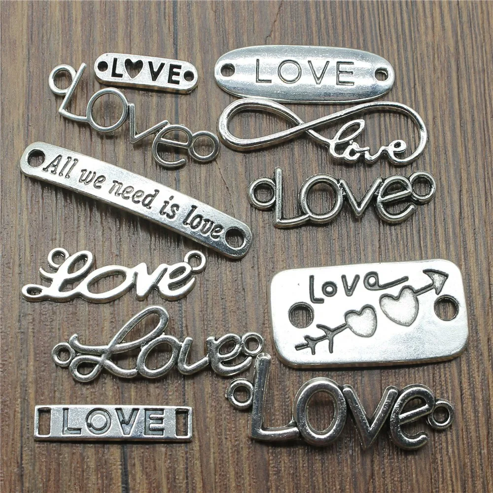 

10pcs/lot Charms Love Connector Antique Silver Color Love Connector Pendant Charms Love Charms Connector For Jewelry Making