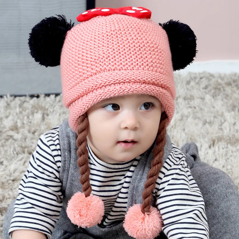 1 шт., детская зимняя теплая шапка, детская шапка для девочек, Повседневные детские шапки, Бальные шляпки с бантом, вязаная шерстяная шапка с тесьмой для новорожденных