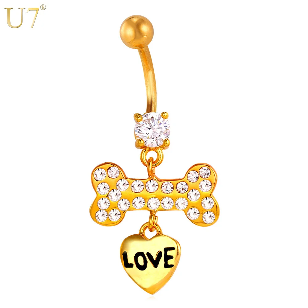 

U7 Sale Body Jewelry 2016 Lovely Zircon Dog Bones Piercings Jewelry Women Plated Heart Charms Navel Ring Body Db011