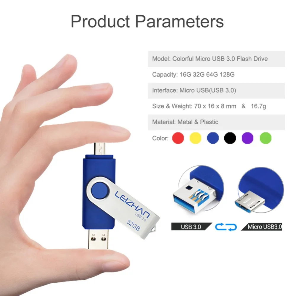 LEIZHAN 6 цветов USB флэш накопитель 32 Гб 3 0 Android OTG 16 PenDrive 8 ГБ для Huawei Samsung Xiaomi и т. Д.|gb