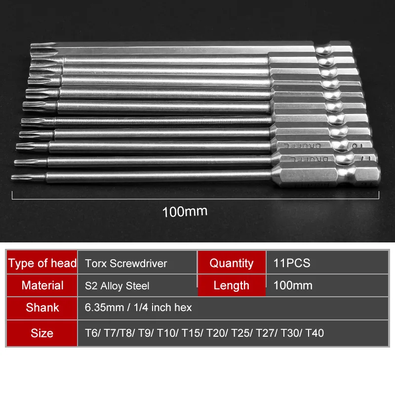 

11pcs 100mm Long Steel Magnetic Torx Hex Security Electric Screwdriver Bit Set For Magnetic Screwdriver Bit Tool Set