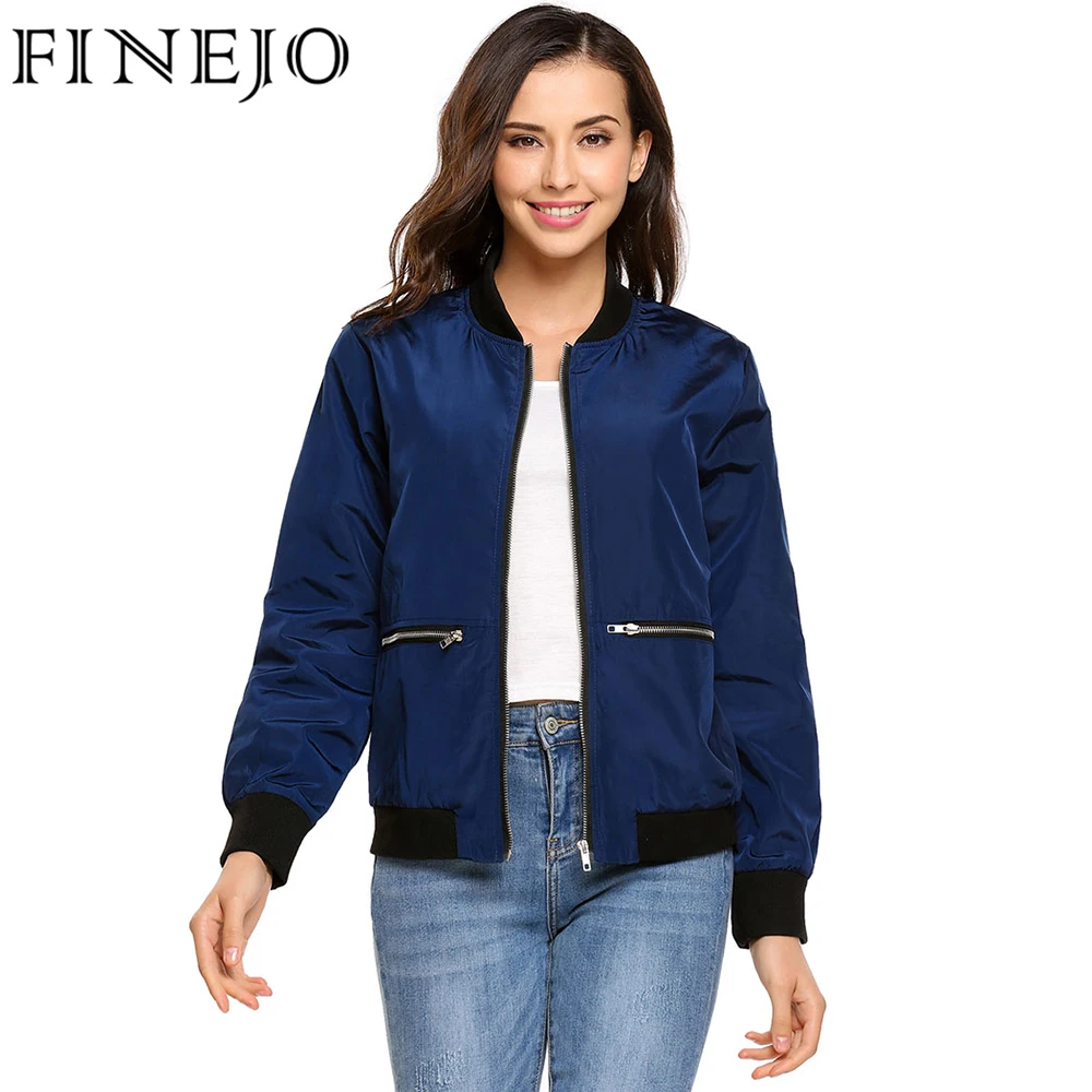 FINEJO Classic Jacket Women Stand Collar Pocket Spring Autumn Solid