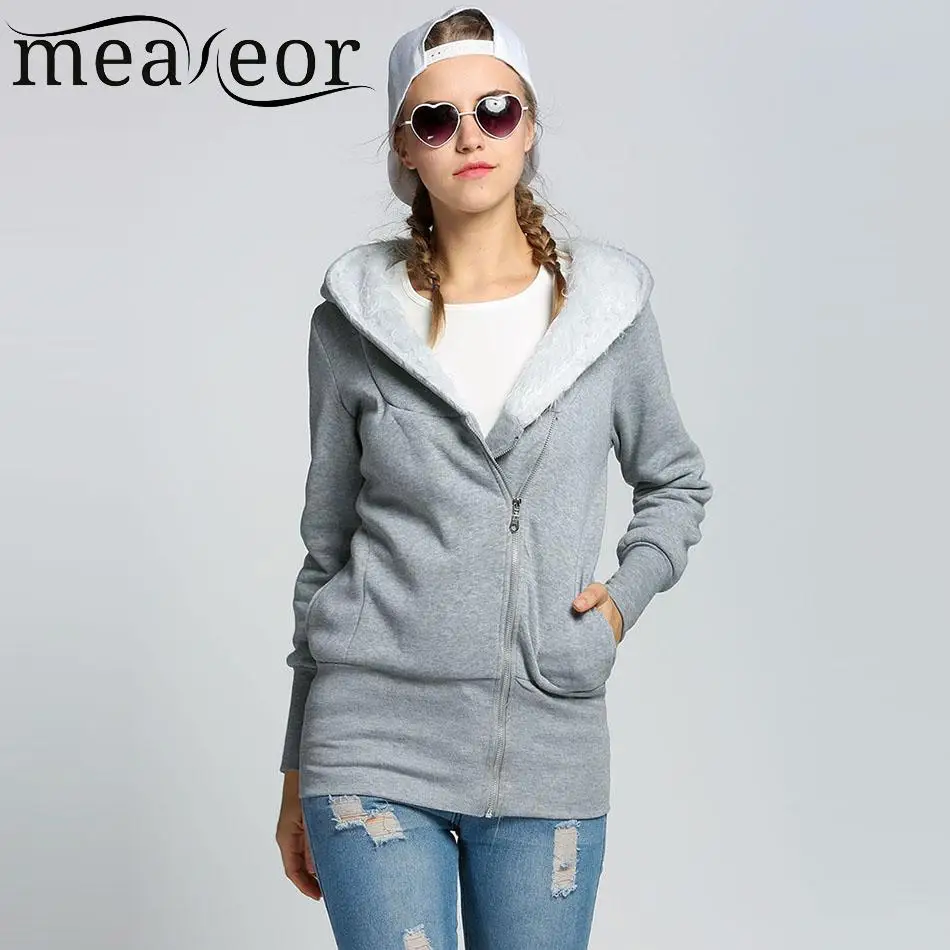 Autumn Winter Women Thick Fleece Hoodies Sweatshirt Slant