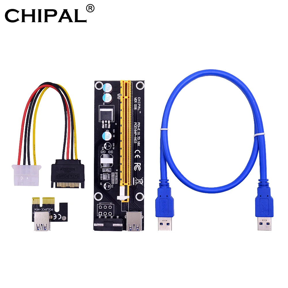 CHIPAL VER006 karta rozszerzająca PCI-E 60CM 100CM kabel USB 3.0 PCIE 1X do 16X Adapter przedłużający SATA 4Pin zasilanie dla górnika GPU górnictwo