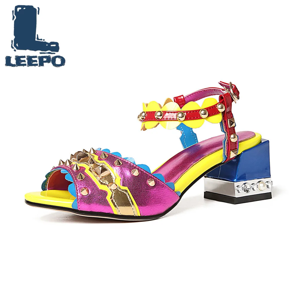 

LEEPO Women Multicolored Gladiator Sandals Woman Mid Heels Summer Shoes Fenty Beauty Varicolored Handmade T-Strap Sandals Heels