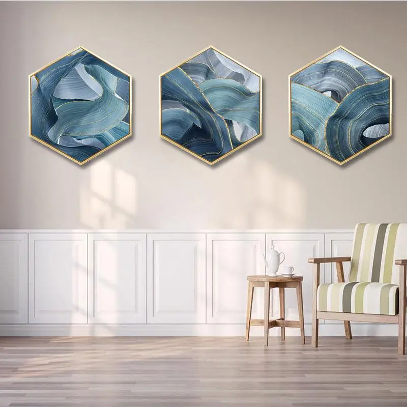 

Modern abstract decorative painting Bedroom sofa background wall painting Golden cloud hexagon framed Triptych Office painting