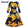 Tonval Yellow Sunflower A Line Vintage Cotton Dress Spring Autumn 3/4 Length Sleeve Women Elegant 1950s Floral Dresses ► Photo 1/6