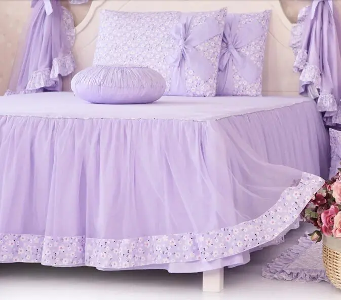 Bedskirt yarn Романтический Фиолетовый Цветочный комплект постельных принадлежностей, две девушки Полный Королева Король хлопок рюшами Постельное белье Bedskirt подушку одеяла случае покрытия - Цвет: Bedskirt yarn