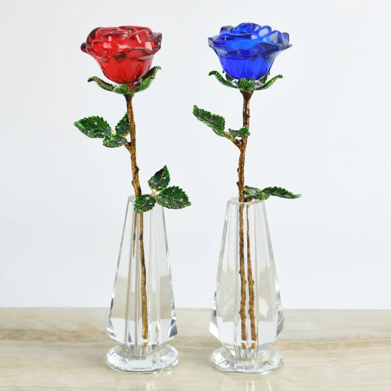 

Crystal Red Rose Flower with Green Leaves Crystal Vase Stand Romantic Christmas Valentines Day Birthday Gift Home Decor