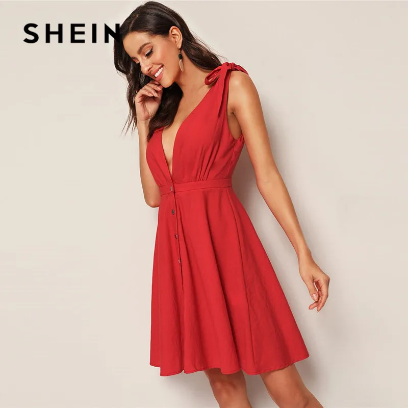 

SHEIN Solid Tie Strap Plunging Button Up Skater Summer Dress 2019 Women Cotton Red Dress A Line Sleeveless V Neck Sexy Dress
