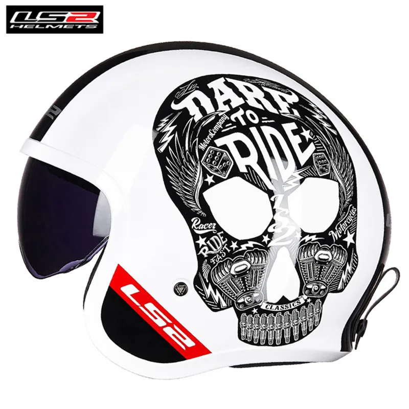LS2 Spitfire OF599 мотоциклетный винтажный Ретро реактивный шлем с открытым лицом с солнцезащитным козырьком шлем мотоциклетный шлем - Цвет: Inky White Black