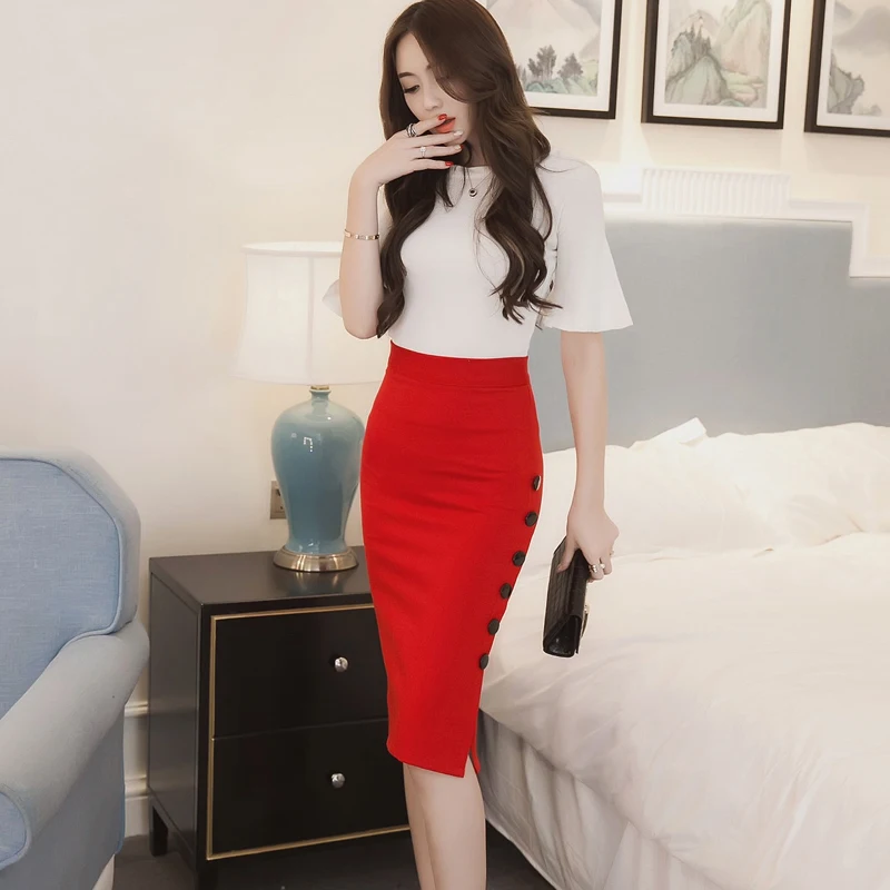 Женская модная облегающая юбка средней длины, высокое качество, плюс размер, низкая цена, пуговицы, разрез, женская сексуальная юбка-карандаш, S-5XL