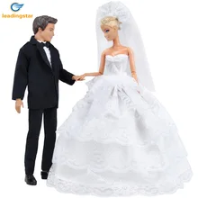 LeadingStar Princess Barbie Doll White Five Layer Lace Wedding Dress and Prince Ken Doll Suit Clothes Set zk30