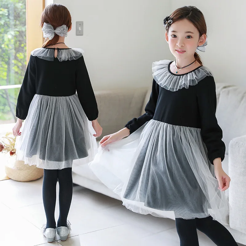 

New 2019 Autumn Dresses For Teenage Girls Preppy Style Mesh Patchwork A Line Toddler Dress Kids Clothing Children Party Clothes