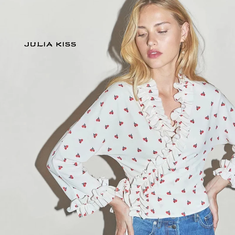 

Women Cherry Print Wrap Top with Frill Trim