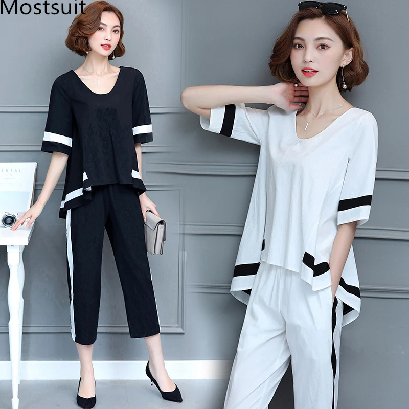 

Summer Black White Two Piece Sets Women Plus Size Short Sleeve Tops And Cropped Pants Sets Suits Casual Korean Women's Sets 2019