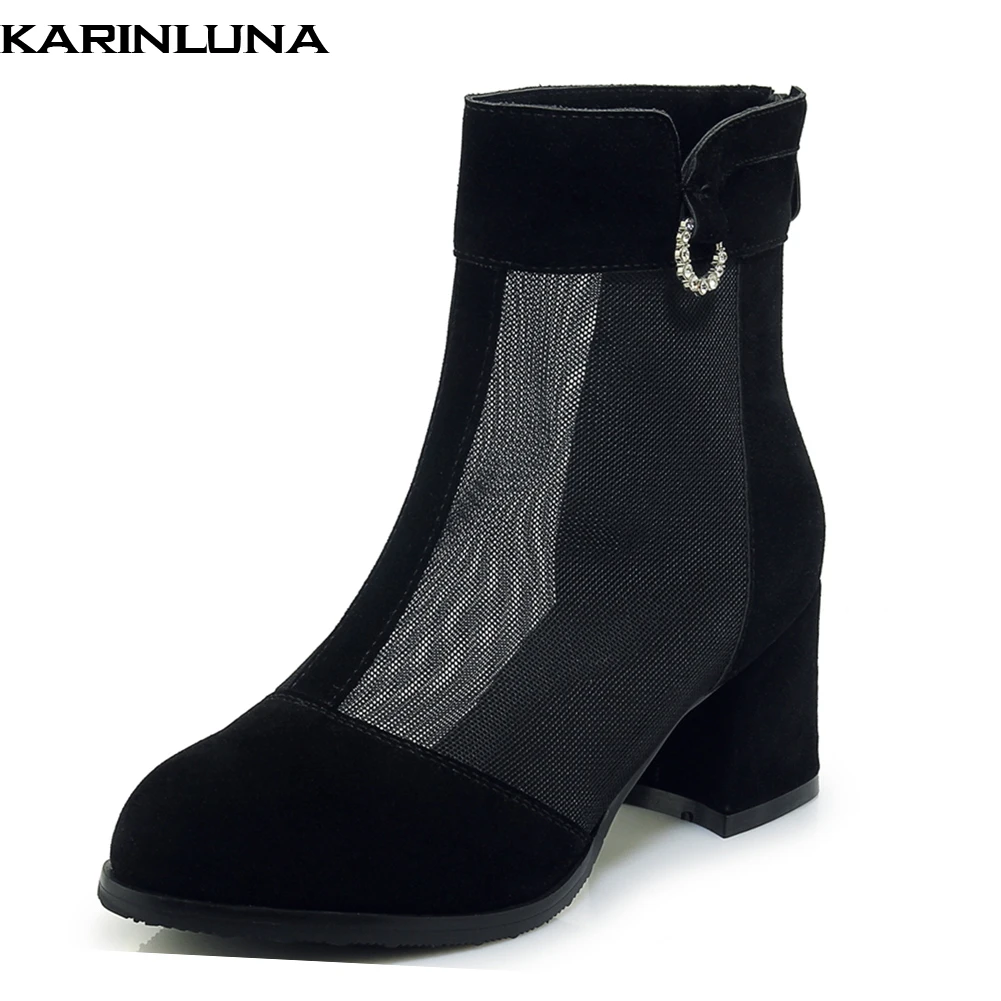 

Karinluna brand Plus size 33-43 zipper ankle boots female shoes woman air mesh chunky heels fashion summer boots woman shoes
