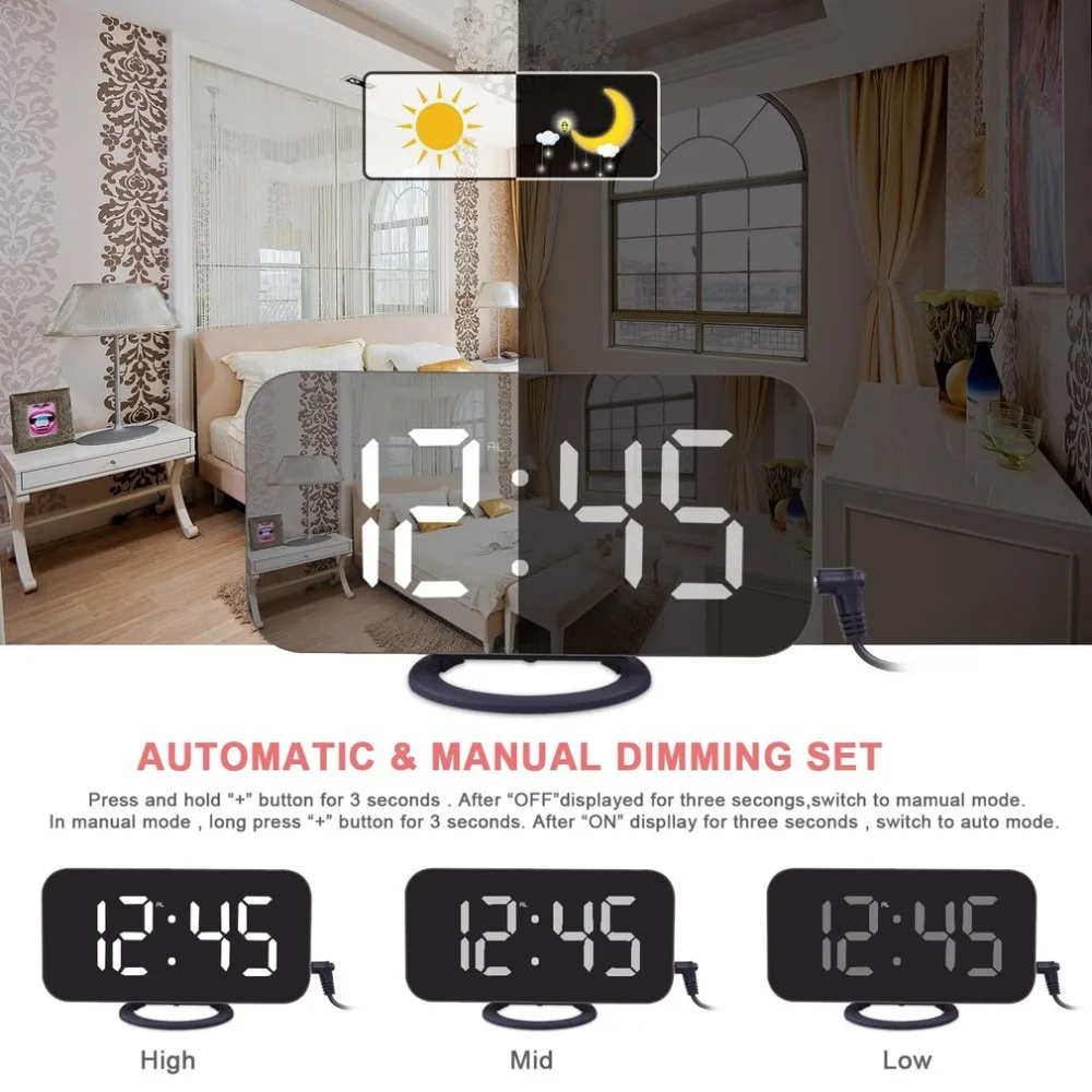 Practical Design Digital LED Alarm Clock Multifunctional Noiseless LED Mirror Clock Display Electronic Desk Table Clocks