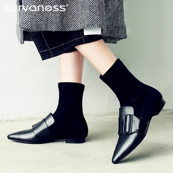 

Curvaness New 2019 Women Flat Socks Boots Genuine Leather Pointed Toe Buckle Motorcycle Boots Sexy Party Club Casual Shoes
