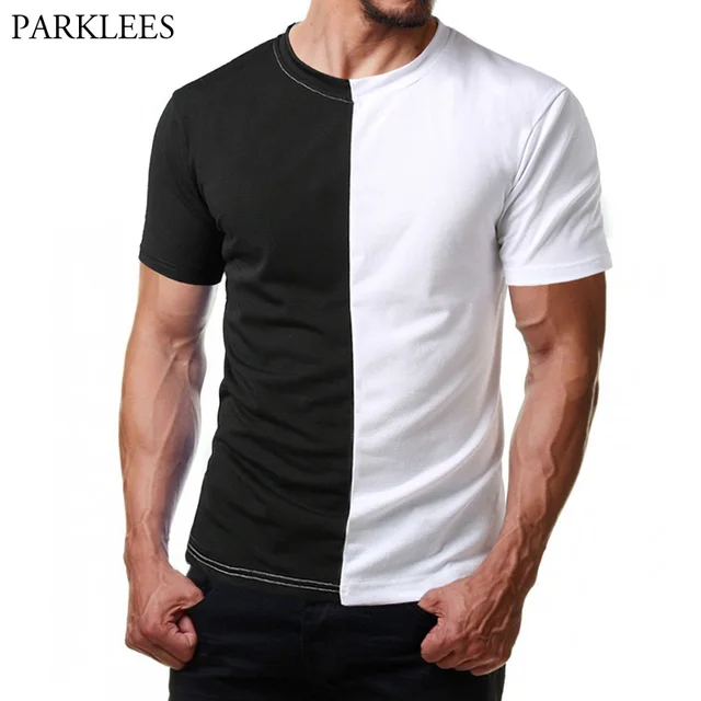Men Black White Patchwork T Shirt 2018 Brand O neck Short Sleeve T