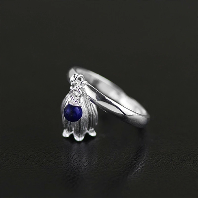Lotus Fun Real 925 Sterling Silver Natural Lapis Stone Handmade Creative Designer Fine Jewelry Redbud Flower Female Rings Bijoux