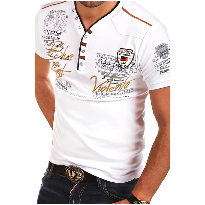 Бренд ZOGAA, летние мужские рубашки с коротким рукавом, модные хлопковые рубашки с v-образным вырезом, облегающие мужские топы, повседневные мужские рубашки, футболки с принтом