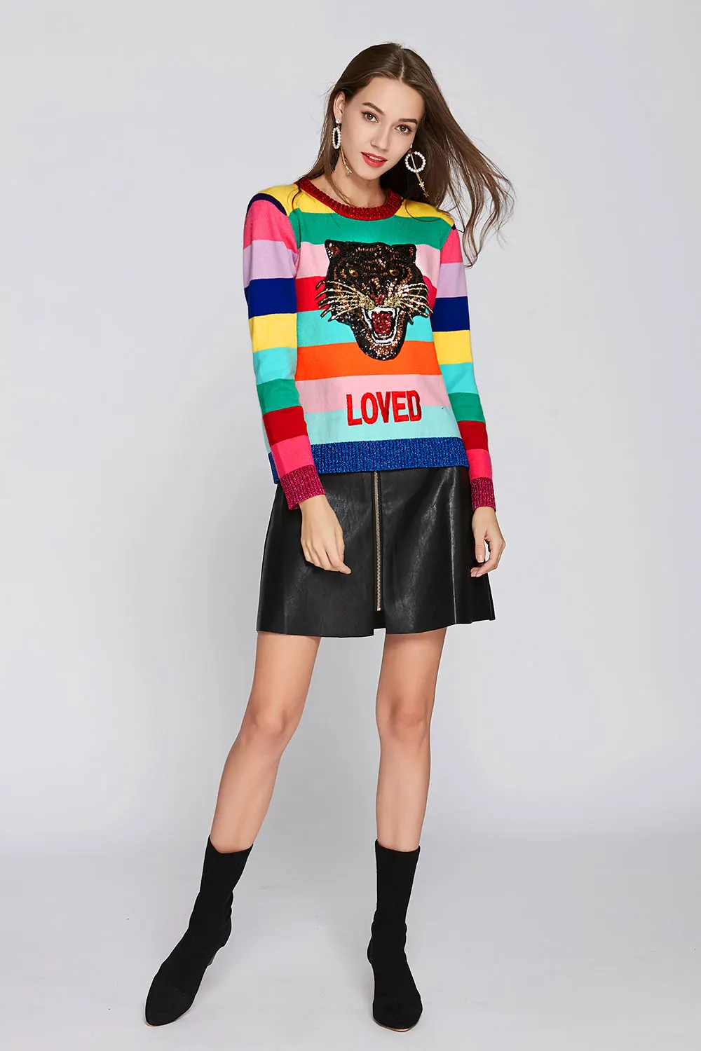 LT078008 ELYB пуловер тигр вышивка свитер для женщин вязание кролик кашемир уличная леди o-образным вырезом Свободный Топ Vestido