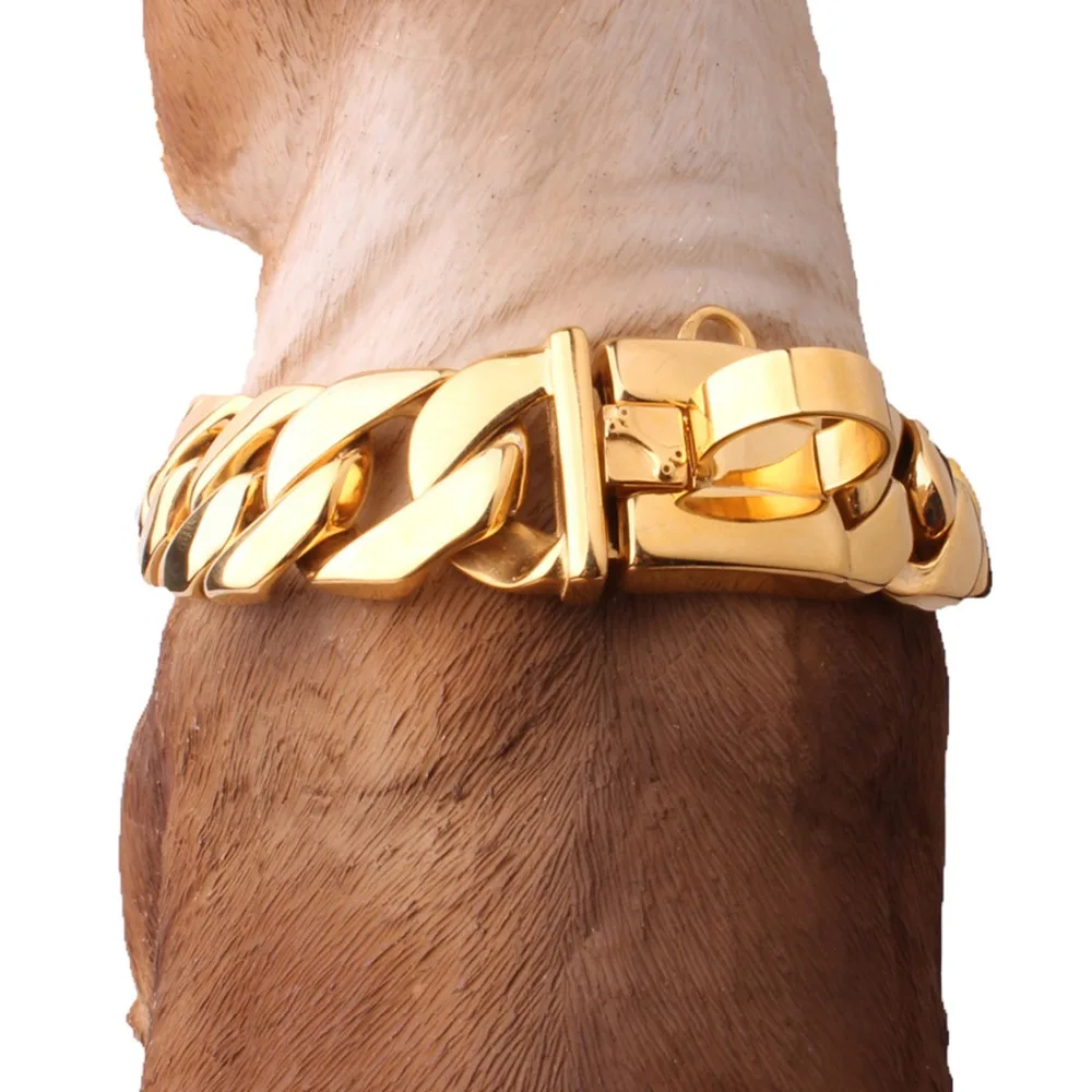 24/30MM Cool Strong 316L Stainless Steel Gold Tone Cuban Curb Link Chain Large Pet Dogs Collar Choker Necklace 18-26