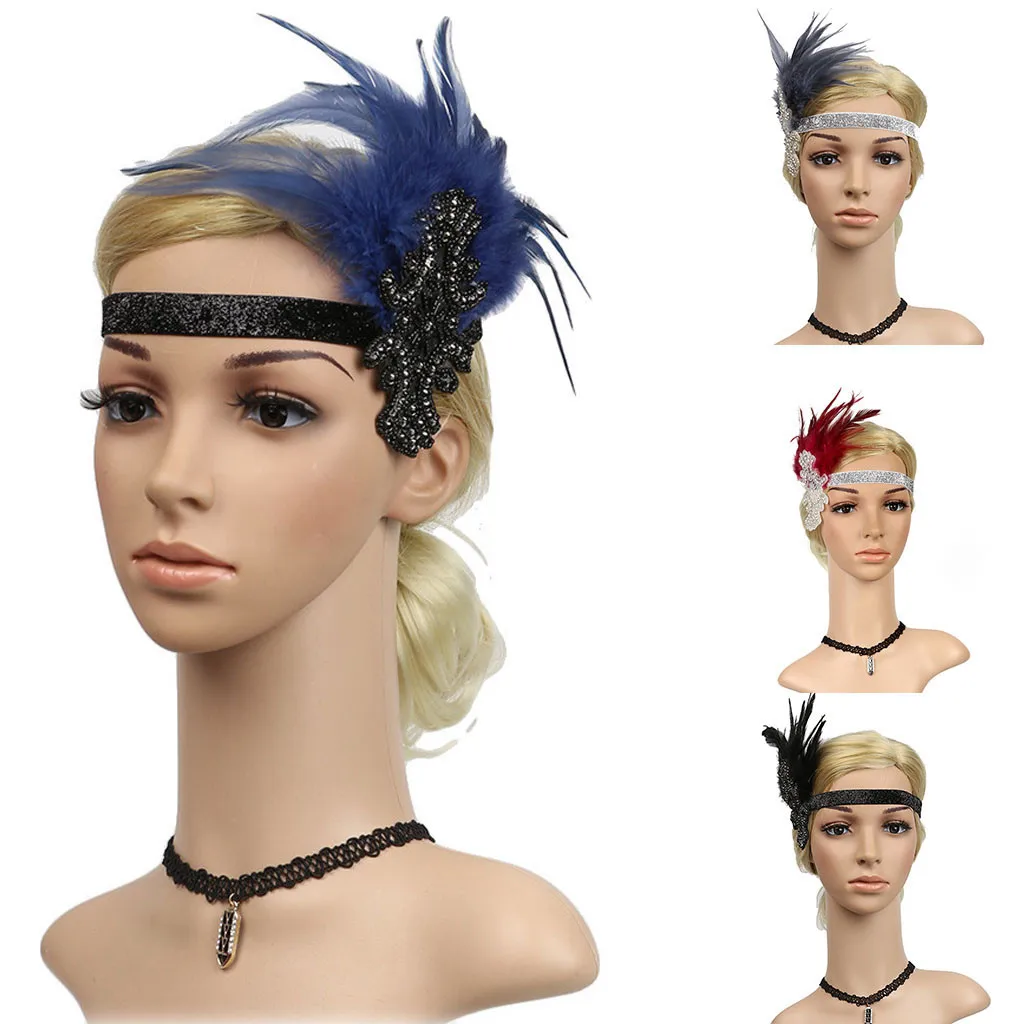 1920s Great Gatsby нарядная лента для волос со стразами Женская повязка на голову с перьями 20s старинный головной убор Ретро стиль аксессуары для волос