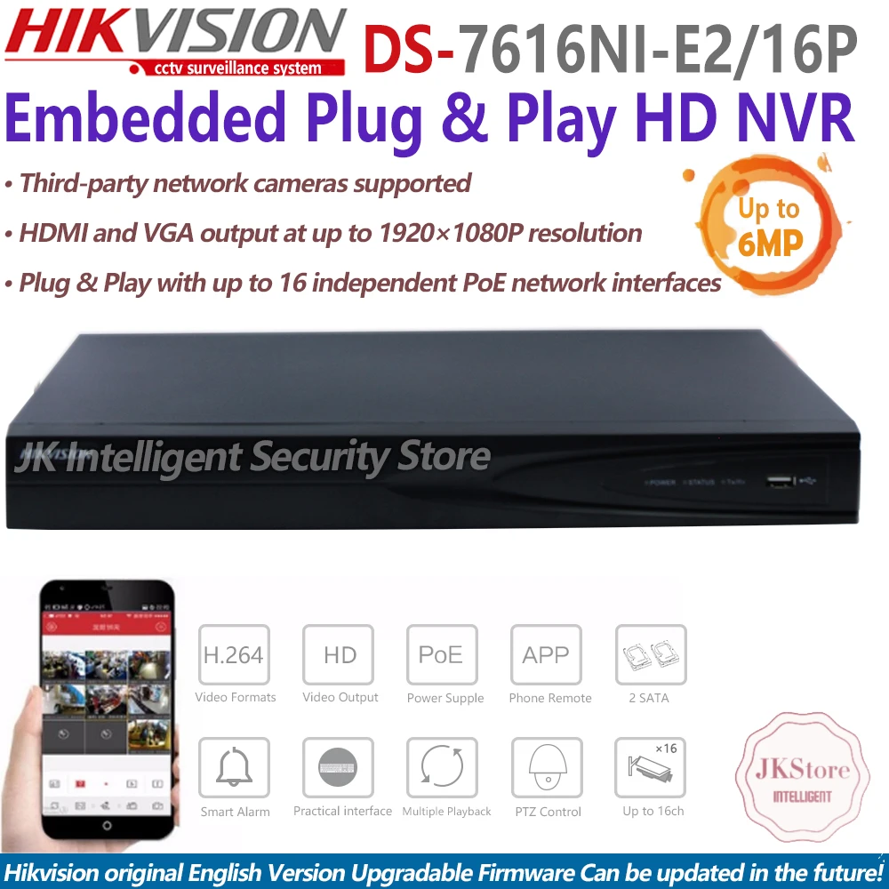 

Hikvision English Version DS-7616NI-E2/16P 8CH NVR 2SATA H264 Network Video Recorder Integrated POE Ports 6MP max build NVR
