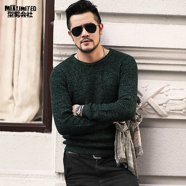 New Dark Green Mixed Colour Men's Round Collar Sweater for Winter Wear