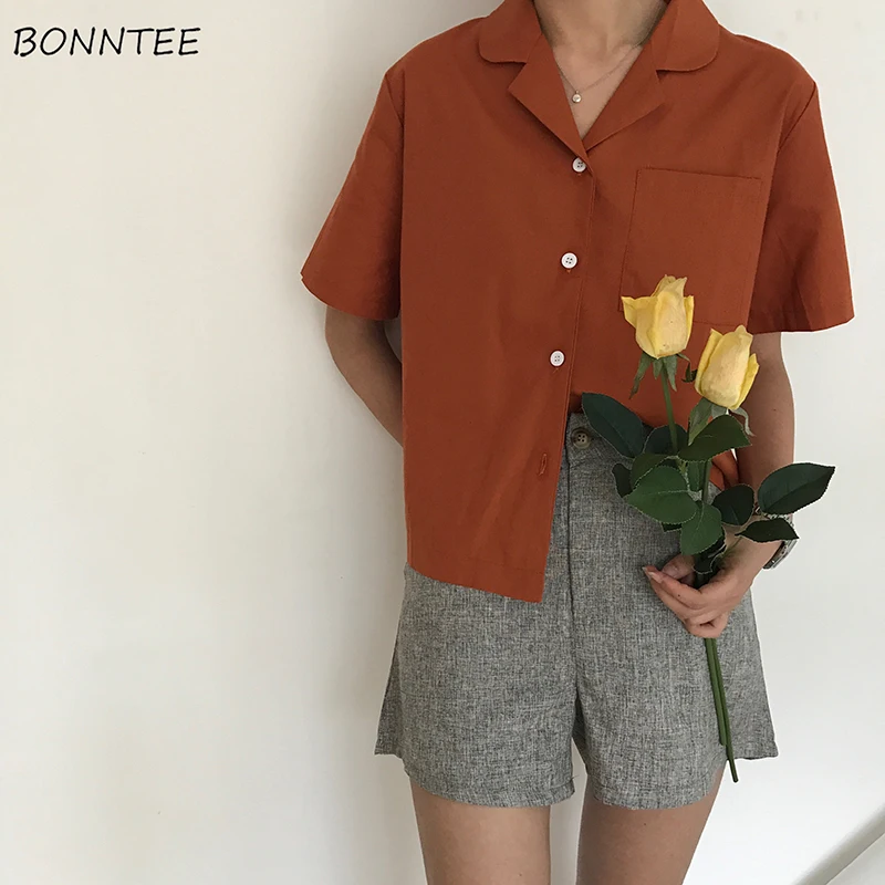 

Shirts Women Korean Style Loose Elegant Solid Color Short Sleeve Womens Shirt Retro Ulzzang Female Top Pocket Blouses Breathable
